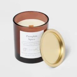 Clear Colored Glass With Woodwick And Brass Metal Inset Lid Pumpkin Spice - Threshold™ -Threshold™ GUEST 0f1ab2d8 1770 4918 b056 6328d597fa18