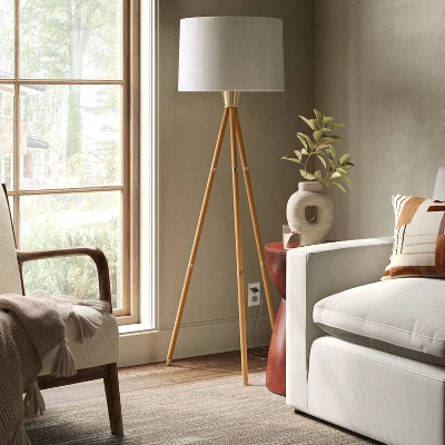 Rattan Wrapped Tripod Floor Lamp Gold - Threshold™ 2 Rattan Wrapped Tripod Floor Lamp Gold - Threshold™ - Image 2