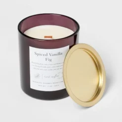 Clear Colored Glass With Woodwick And Brass Metal Inset Lid Spice Vanilla Fig Candle Purple - Threshold™ 7 Clear Colored Glass With Woodwick And Brass Metal Inset Lid Spice Vanilla Fig Candle Purple - Threshold™ -Threshold™ GUEST 851e53a4 1b0e 449b 92ac ac1f0d30a37e
