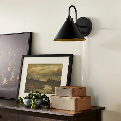 Curved Neck Wall Sconce With Metal Shade Black - Threshold™ Designed With Studio McGee: Modern Plug-In, ETL Listed, Cone-Shape 2 Curved Neck Wall Sconce With Metal Shade Black - Threshold™ Designed With Studio McGee: Modern Plug-In, ETL Listed, Cone-Shape - Image 2