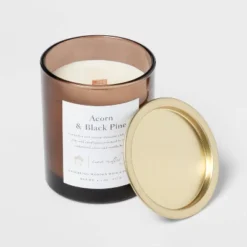 Clear Colored Glass With Woodwick And Brass Metal Inset Lid Acorn + Black Pine Candle Brown - Threshold™ 5 Clear Colored Glass With Woodwick And Brass Metal Inset Lid Acorn + Black Pine Candle Brown - Threshold™ -Threshold™ GUEST e82cdb94 c293 4984 b5b6 1ca170680739